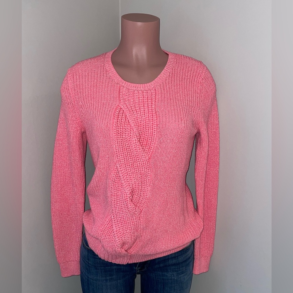 Talbots Twist Cable Knit Bright Pink Marled Sweater Pullover Crew Neck